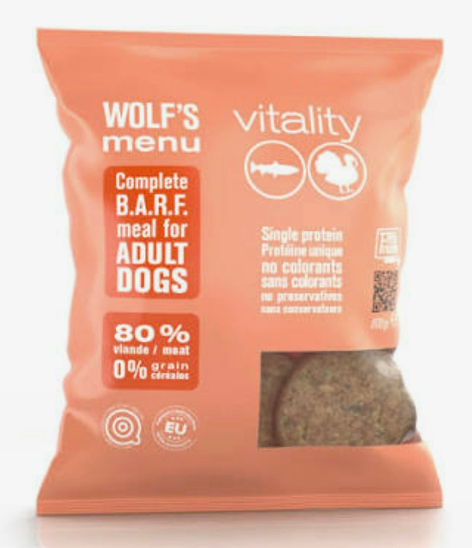 Kalkkuna + lohi täysravinto raakaruoka Wolfs Menu 12 x 800g